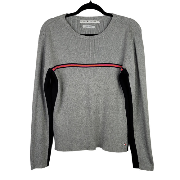 Vintage Tommy Hilfiger Gray Colorblock Ribbed Sweater Large Pink Stripe Pullover - Picture 1 of 11